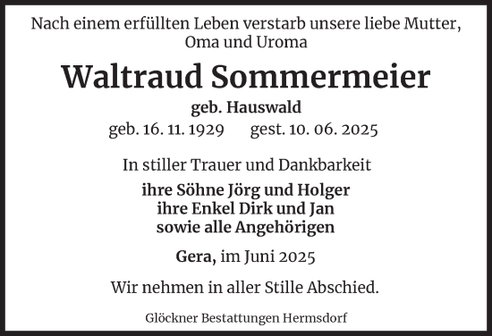 Traueranzeige von Waltraud Sommermeier von Ostthüringer Zeitung