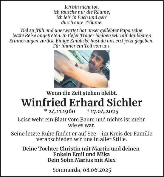Traueranzeige von Winfried Erhard Sichler von Thüringer Allgemeine