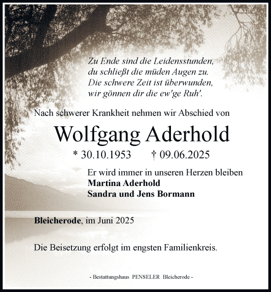 Traueranzeige von Wolfgang Aderhold von Thüringer Allgemeine