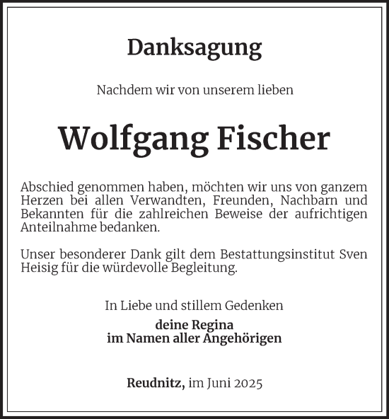 Traueranzeige von Wolfgang Fischer von Ostthüringer Zeitung