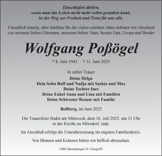 Traueranzeige von Wolfgang Poßögel von Ostthüringer Zeitung