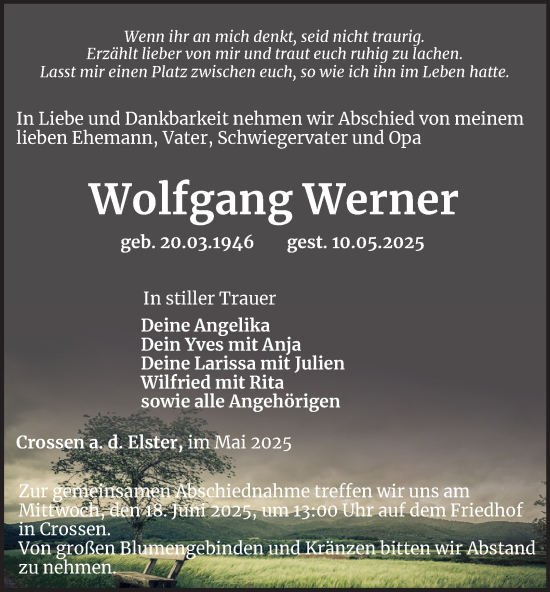 Traueranzeige von Wolfgang Werner von Ostthüringer Zeitung