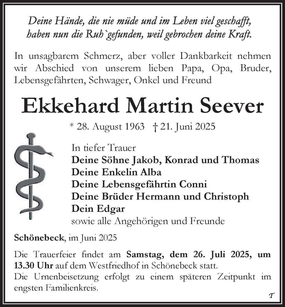  Traueranzeige für Ekkehard Martin Seever vom 19.07.2025 aus Thüringer Allgemeine