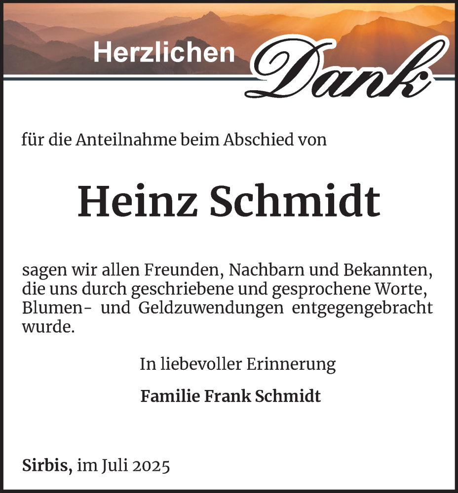  Traueranzeige für Heinz Schmidt vom 19.07.2025 aus Ostthüringer Zeitung