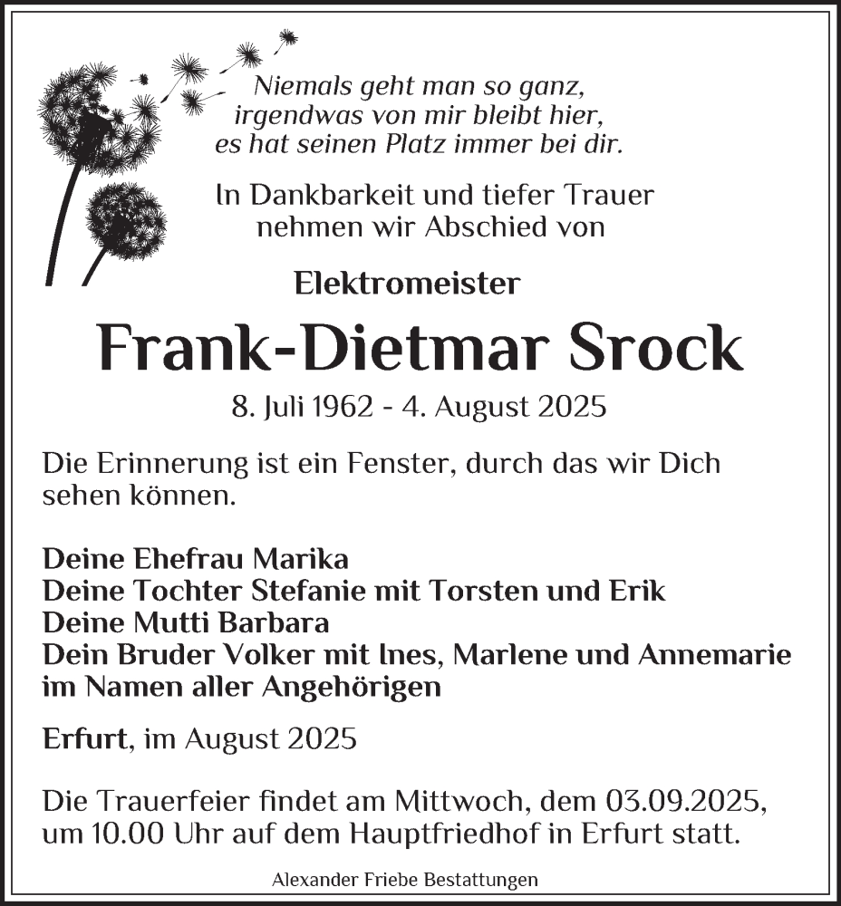  Traueranzeige für Frank-Dietmar Srock vom 23.08.2025 aus Thüringer Allgemeine, Thüringische Landeszeitung