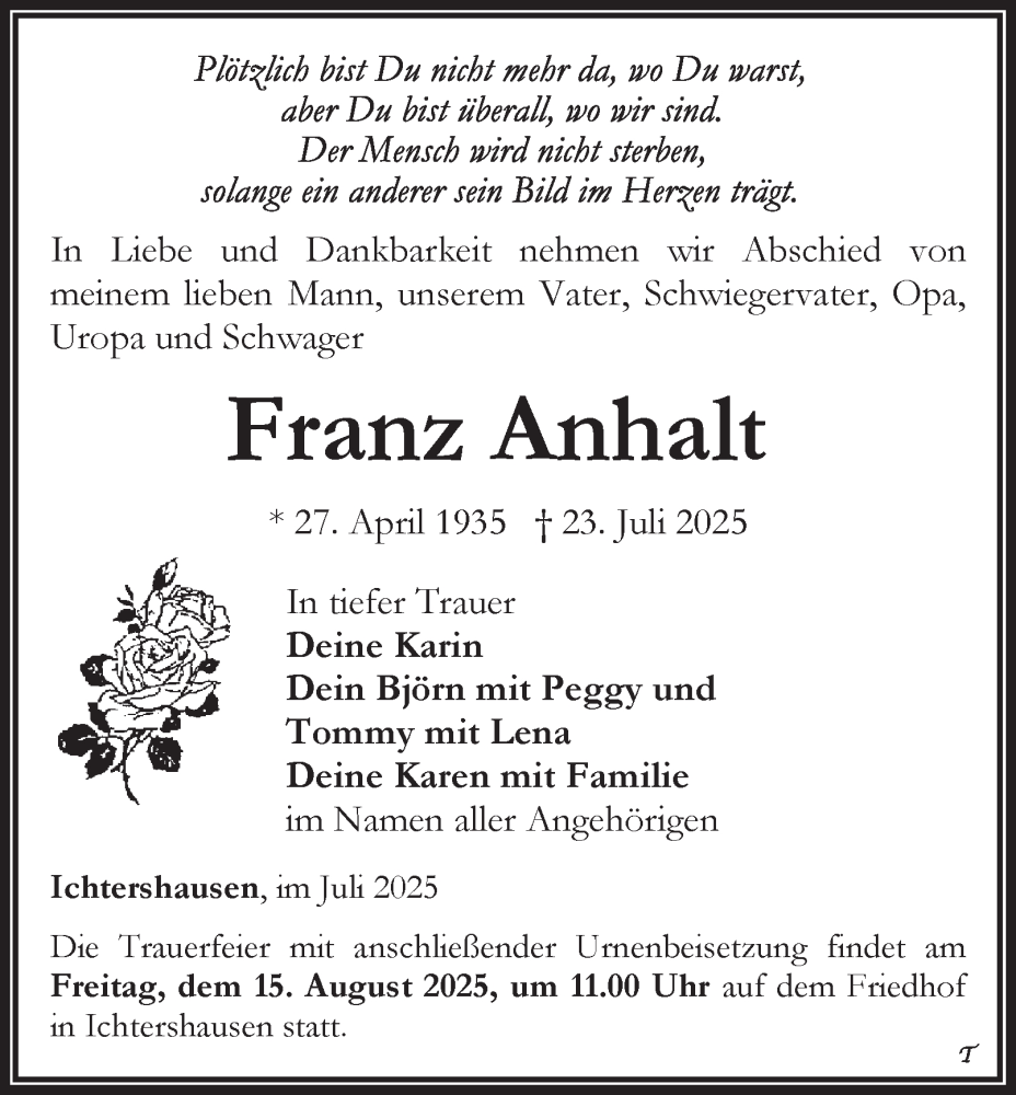  Traueranzeige für Franz Anhalt vom 09.08.2025 aus Thüringer Allgemeine