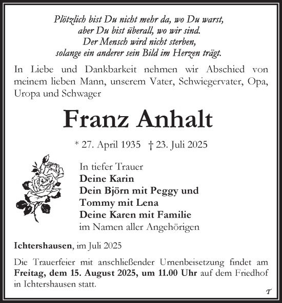 Traueranzeige von Franz Anhalt von Thüringer Allgemeine