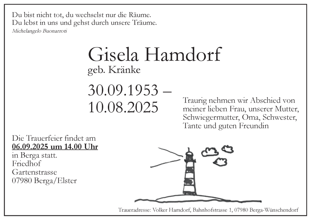  Traueranzeige für Gisela Hamdorf vom 23.08.2025 aus Ostthüringer Zeitung