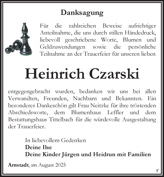 Traueranzeige von Heinrich Czarski von Thüringer Allgemeine
