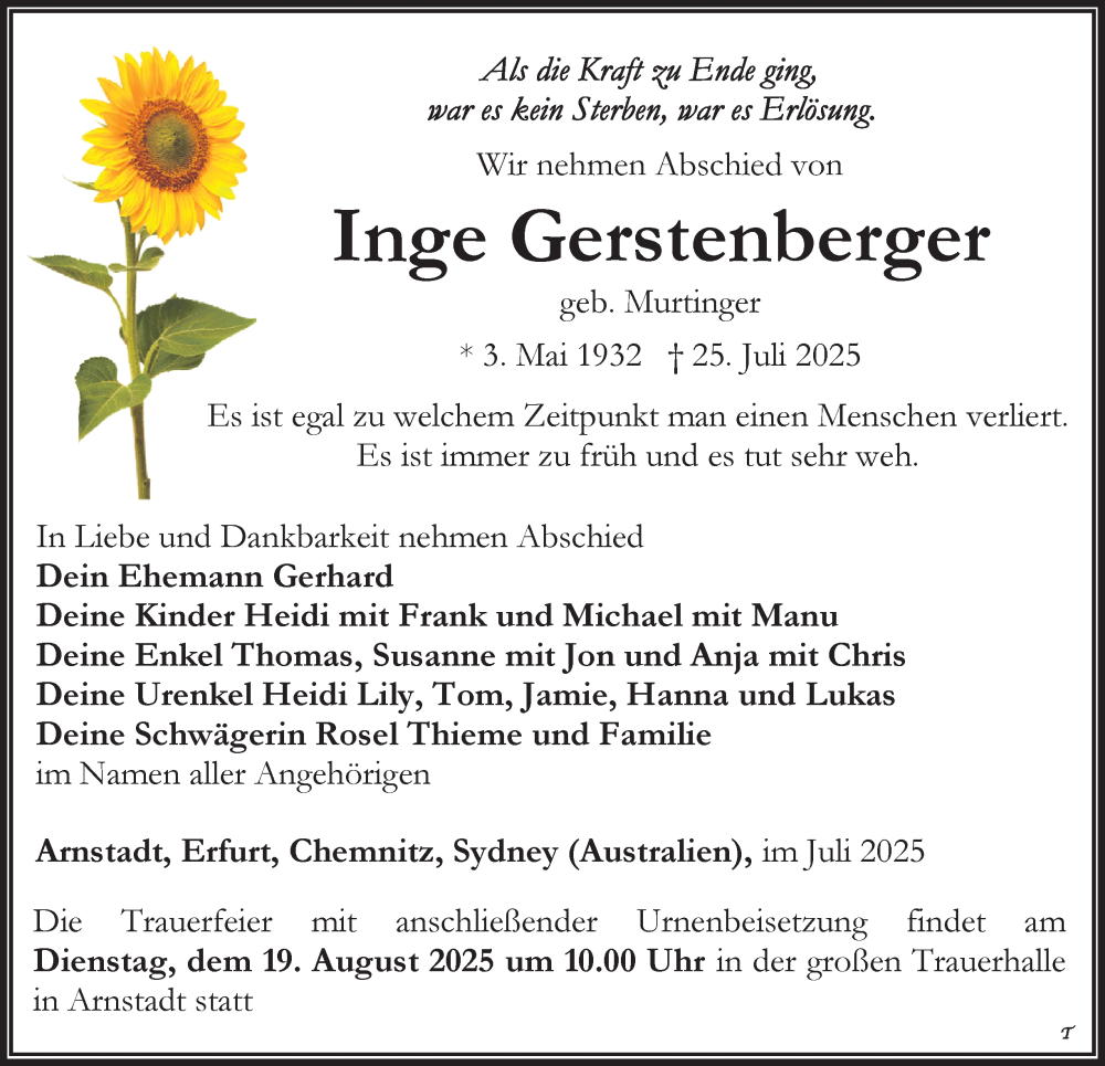  Traueranzeige für Inge Gerstenberger vom 09.08.2025 aus Thüringer Allgemeine, Thüringische Landeszeitung