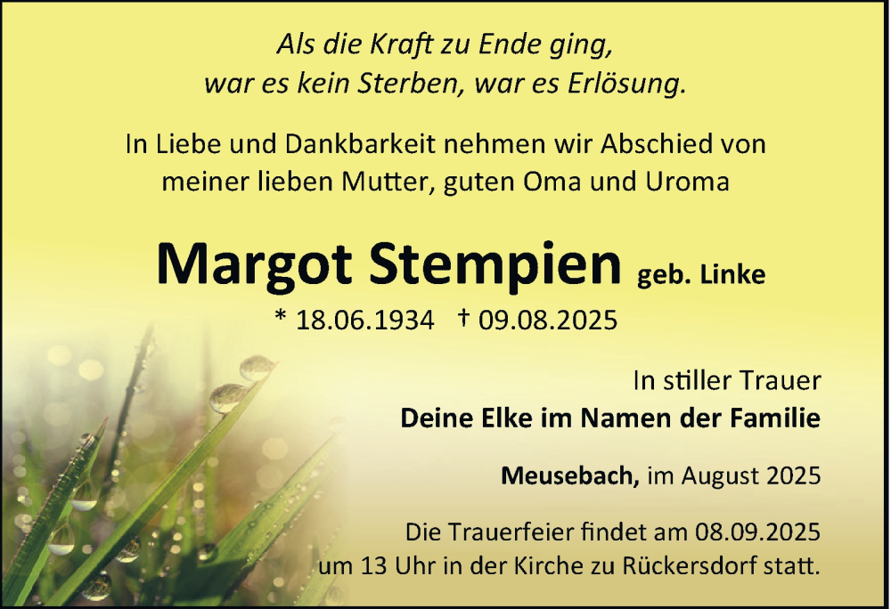  Traueranzeige für Margot Stempien vom 23.08.2025 aus Ostthüringer Zeitung