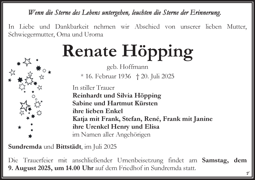  Traueranzeige für Renate Höpping vom 02.08.2025 aus Thüringer Allgemeine