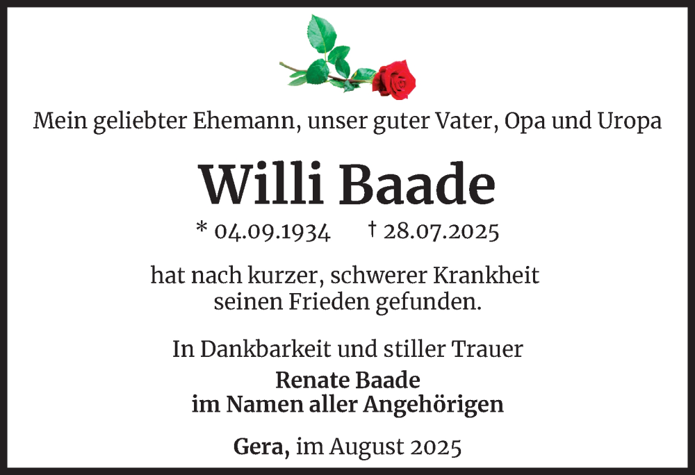  Traueranzeige für Willi Baade vom 09.08.2025 aus Ostthüringer Zeitung