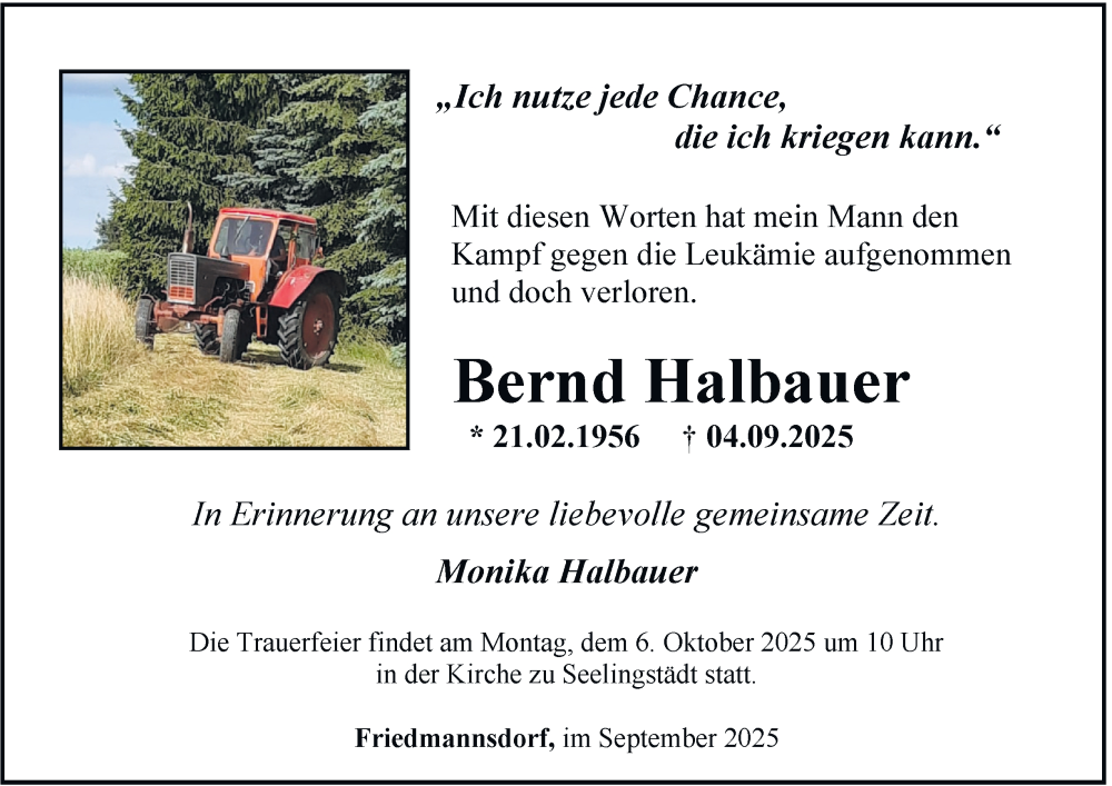  Traueranzeige für Bernd Halbauer vom 27.09.2025 aus Ostthüringer Zeitung
