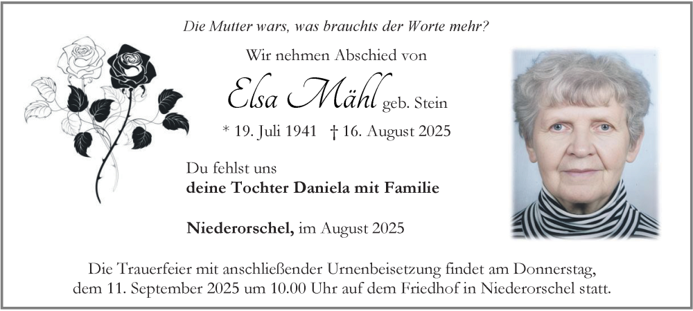  Traueranzeige für Elsa Mähl vom 06.09.2025 aus Thüringer Allgemeine