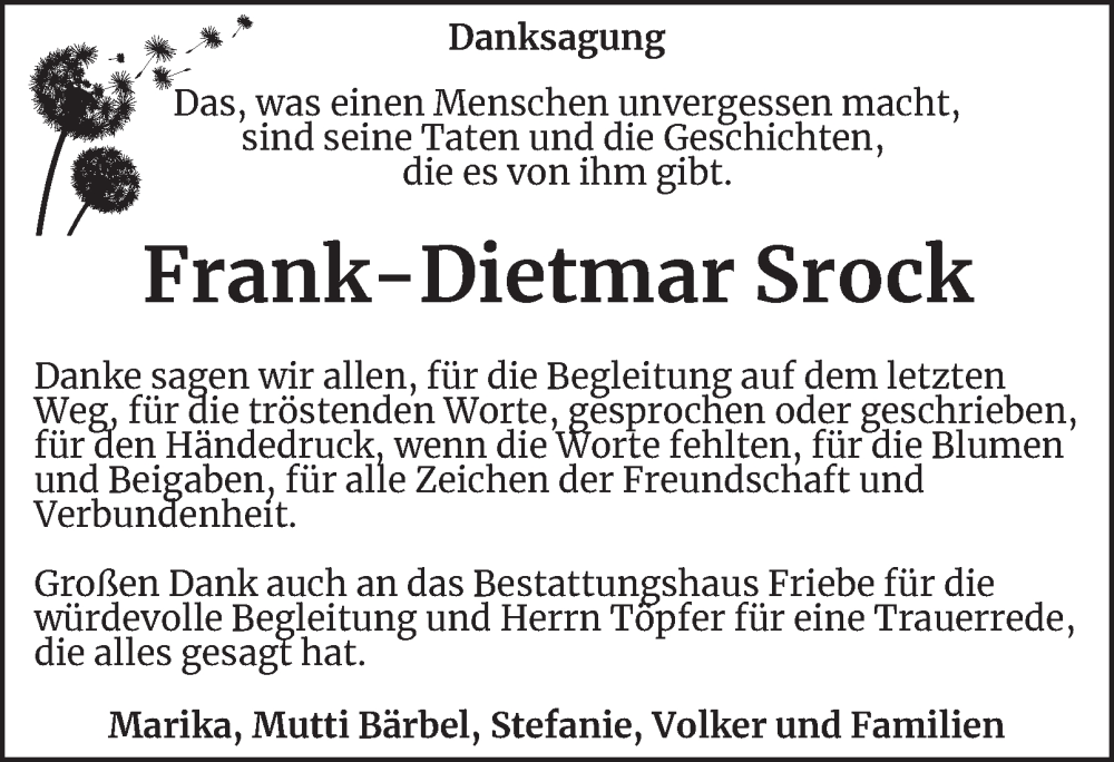  Traueranzeige für Frank-Dietmar Srock vom 19.09.2025 aus Thüringer Allgemeine, Thüringische Landeszeitung