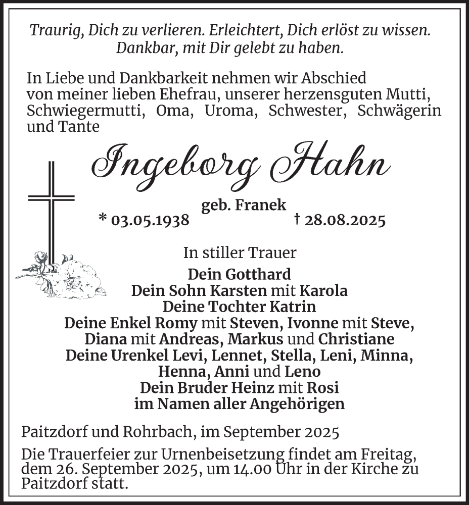  Traueranzeige für Ingeborg Hahn vom 13.09.2025 aus Thüringer Allgemeine
