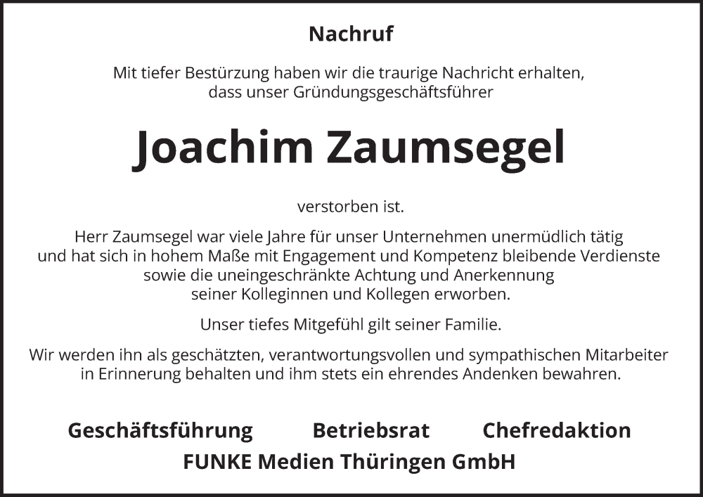  Traueranzeige für Joachim Zaumsegel vom 13.09.2025 aus Thüringer Allgemeine, Thüringische Landeszeitung