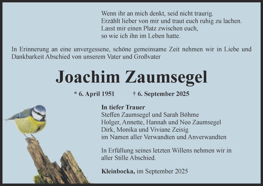  Traueranzeige für Joachim Zaumsegel vom 13.09.2025 aus Ostthüringer Zeitung