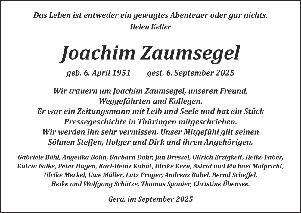  Traueranzeige für Joachim Zaumsegel vom 13.09.2025 aus Ostthüringer Zeitung