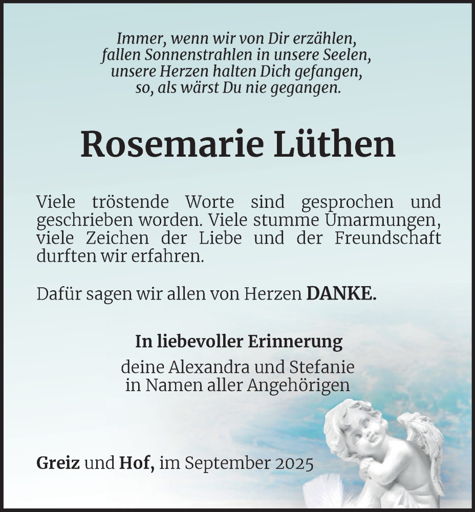  Traueranzeige für Rosemarie Lüthen vom 19.09.2025 aus Ostthüringer Zeitung