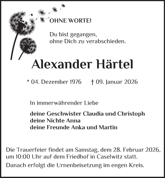 Traueranzeige von Alexander Härtel von Ostthüringer Zeitung