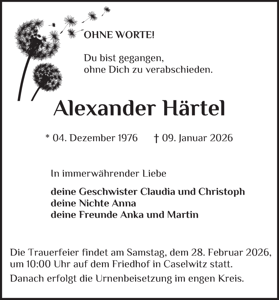  Traueranzeige für Alexander Härtel vom 31.01.2026 aus Ostthüringer Zeitung