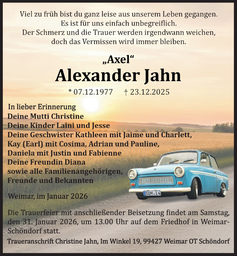  Traueranzeige für Alexander Jahn vom 17.01.2026 aus Thüringer Allgemeine