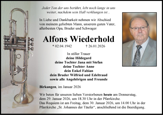 Traueranzeige von Alfons Wiederhold von Thüringer Allgemeine