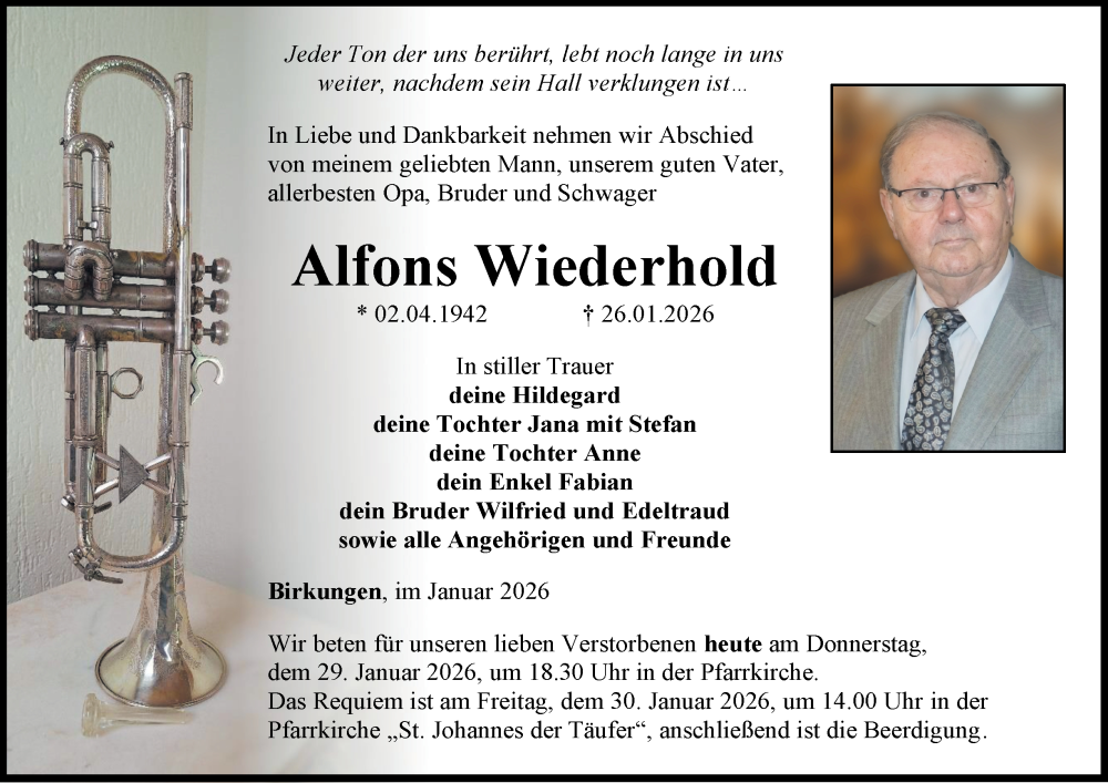 Traueranzeige für Alfons Wiederhold vom 29.01.2026 aus Thüringer Allgemeine