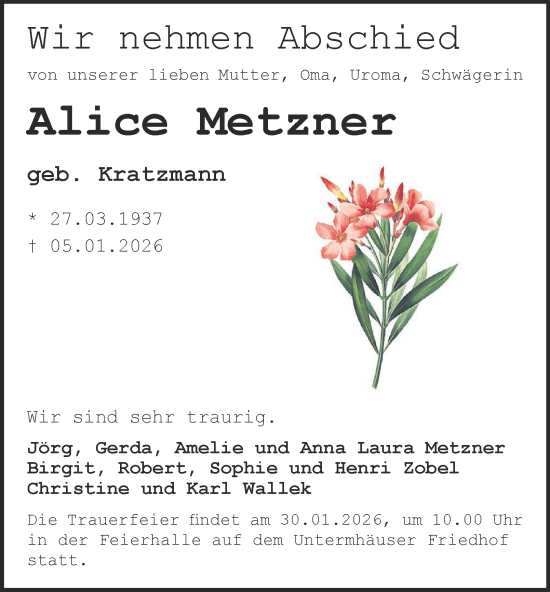 Traueranzeige von Alice Metzner von Ostthüringer Zeitung