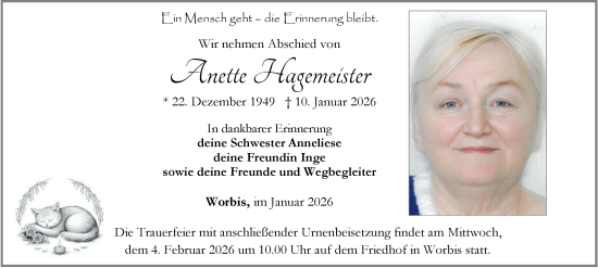 Traueranzeige von Anette Hagemeister von Thüringer Allgemeine