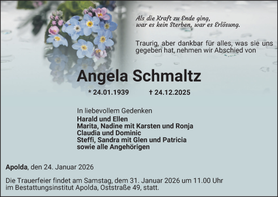 Traueranzeige von Angela Schmaltz von Thüringer Allgemeine, Thüringische Landeszeitung