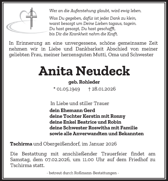 Traueranzeige von Anita Neudeck von Ostthüringer Zeitung