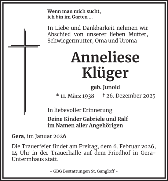 Traueranzeige von Anneliese Klüger von Ostthüringer Zeitung