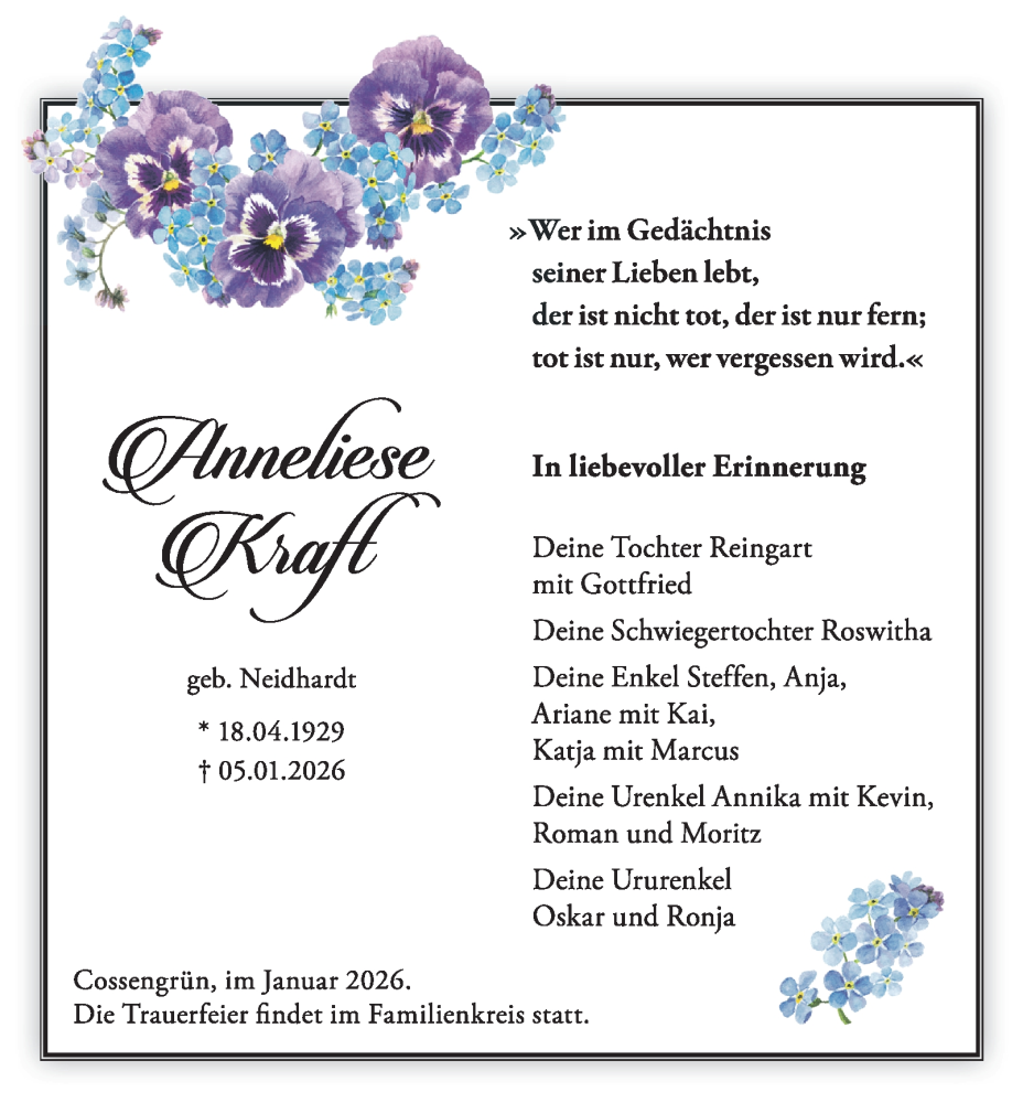  Traueranzeige für Anneliese Kraft vom 17.01.2026 aus Ostthüringer Zeitung