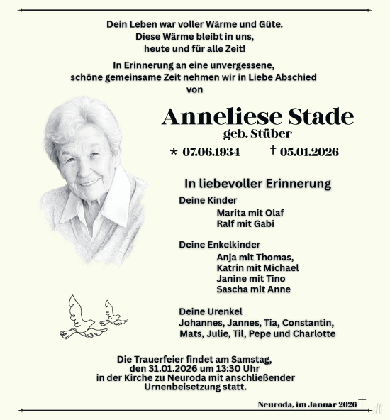 Traueranzeige von Anneliese Stade von Thüringer Allgemeine