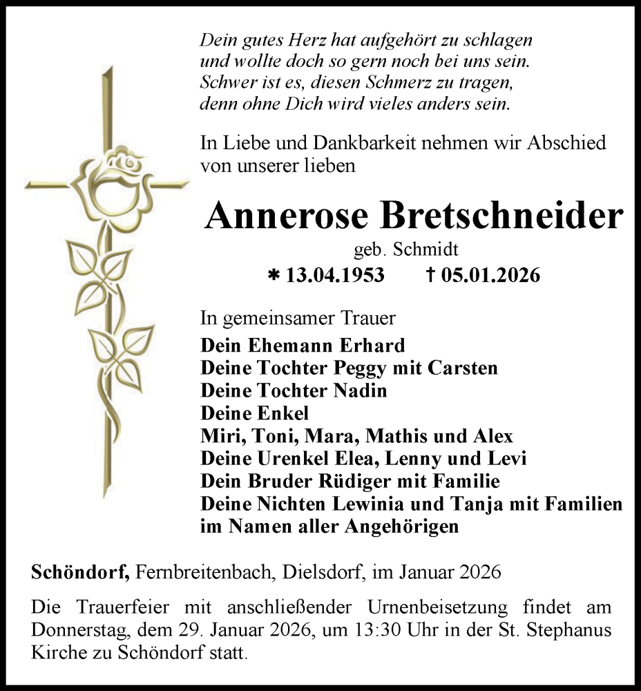 Traueranzeige für Annerose Bretschneider vom 17.01.2026 aus Thüringer Allgemeine, Thüringische Landeszeitung