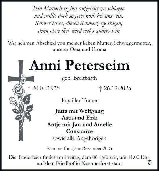 Traueranzeige von Anni Peterseim von Thüringer Allgemeine, Thüringische Landeszeitung