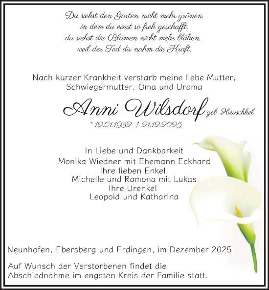 Traueranzeige von Anni Wilsdorf von Ostthüringer Zeitung