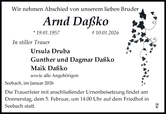 Traueranzeige von Arnd Daßko von Thüringer Allgemeine, Thüringische Landeszeitung