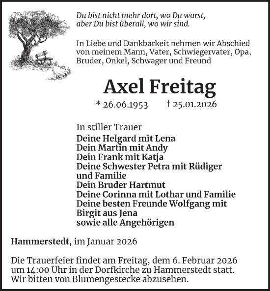 Traueranzeige von Axel Freitag von Thüringer Allgemeine, Thüringische Landeszeitung