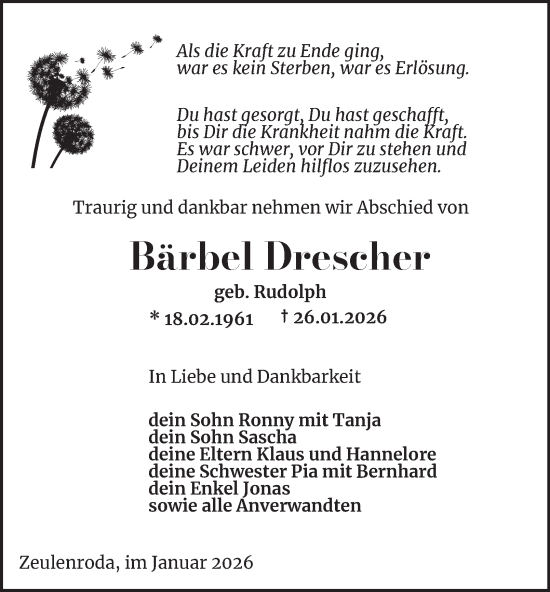 Traueranzeige von Bärbel Drescher von Ostthüringer Zeitung