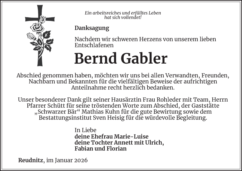  Traueranzeige für Bernd Gabler vom 09.01.2026 aus Ostthüringer Zeitung