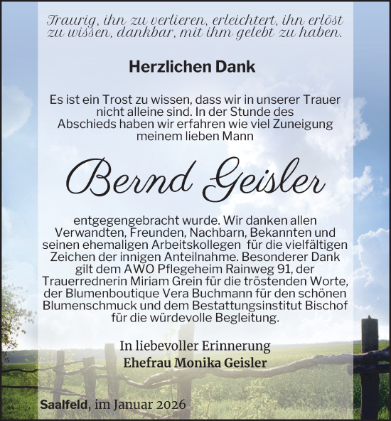 Traueranzeige von Bernd Geisler von Ostthüringer Zeitung
