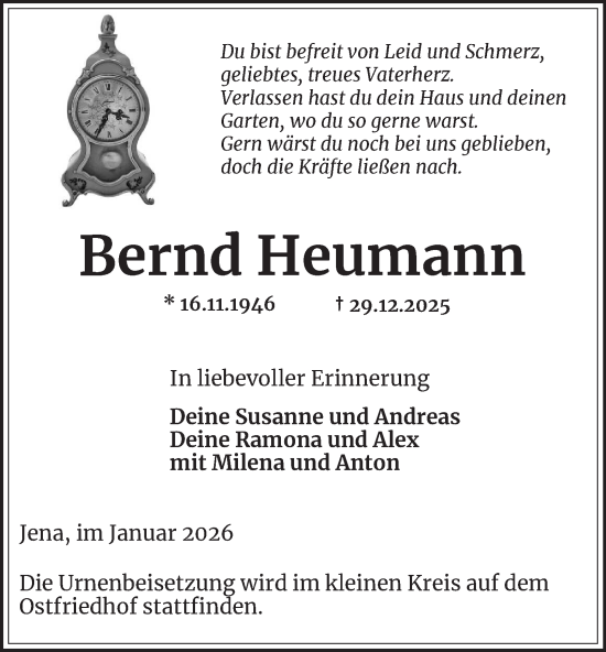 Traueranzeige von Bernd Heumann von Ostthüringer Zeitung, Thüringische Landeszeitung