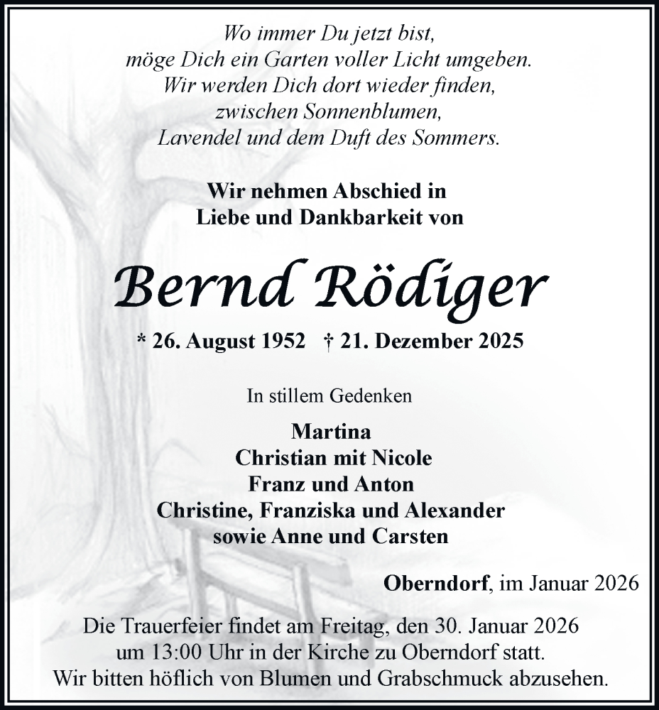  Traueranzeige für Bernd Rödiger vom 17.01.2026 aus Thüringer Allgemeine, Thüringische Landeszeitung