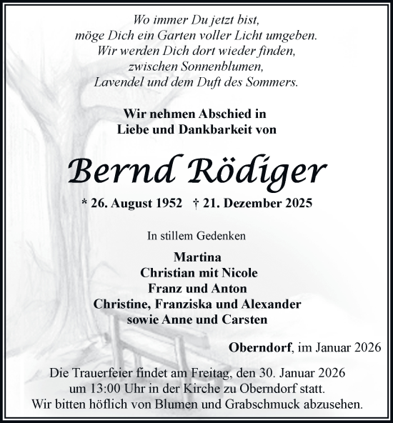 Traueranzeige von Bernd Rödiger von Thüringer Allgemeine, Thüringische Landeszeitung