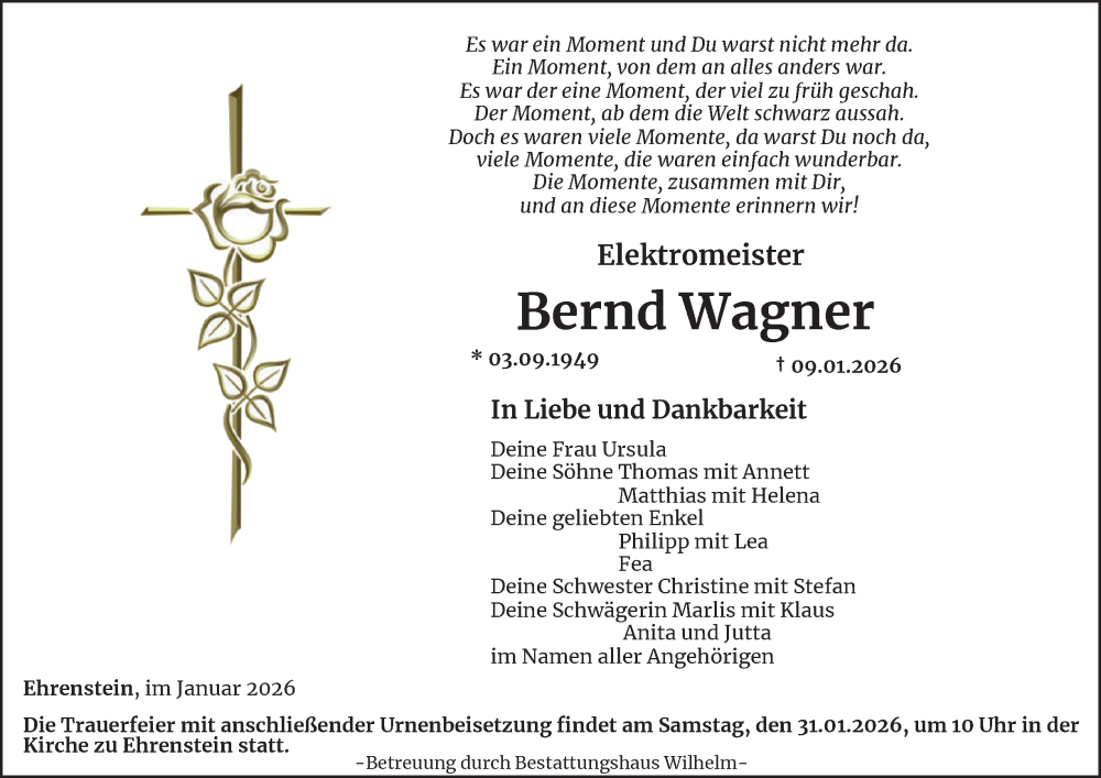  Traueranzeige für Bernd Wagner vom 24.01.2026 aus Thüringer Allgemeine