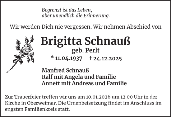 Traueranzeige von Brigitta Schnauß von Thüringer Allgemeine, Thüringische Landeszeitung